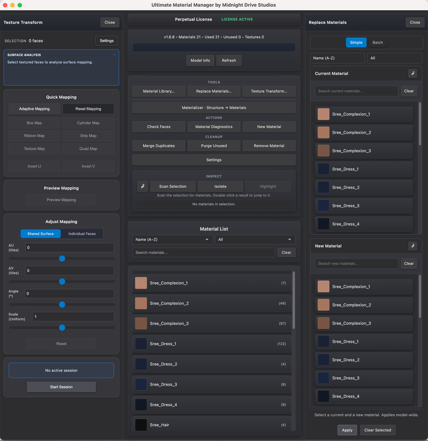 Ultimate Material Manager main interface in SketchUp