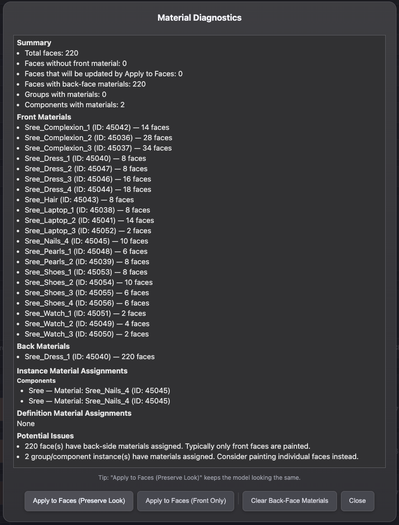 Material diagnostics panel in Ultimate Material Manager