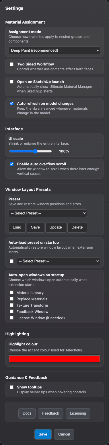 Ultimate Material Manager settings