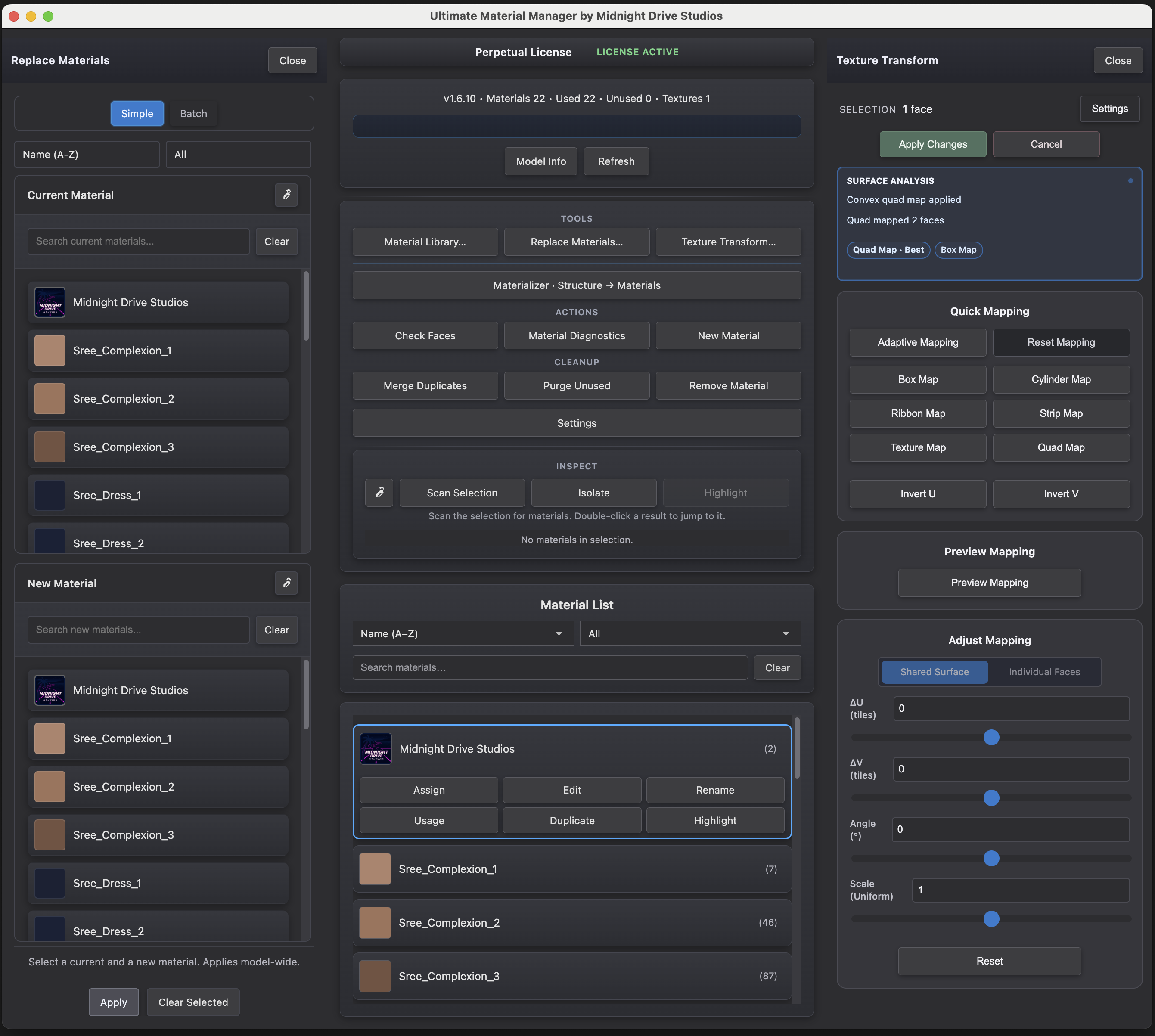 Ultimate Material Manager interface showing Replace Materials, the main material workspace, and Texture Transform controls