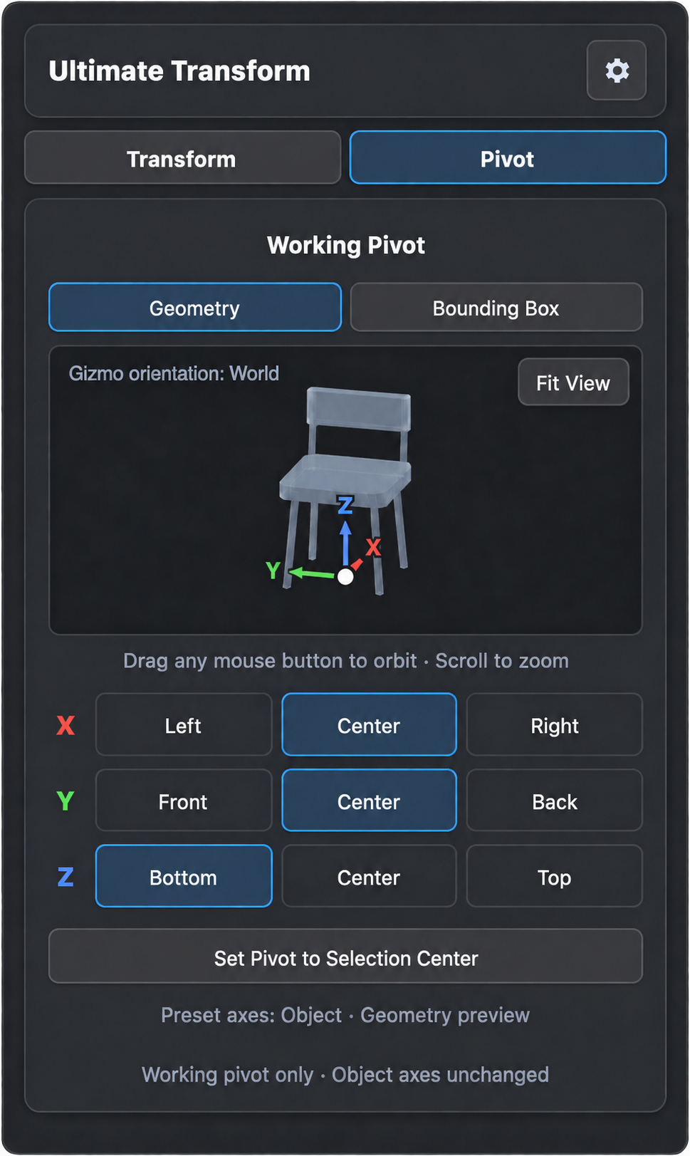 Working Pivot interface with a 3D chair preview and controls for positioning the working pivot