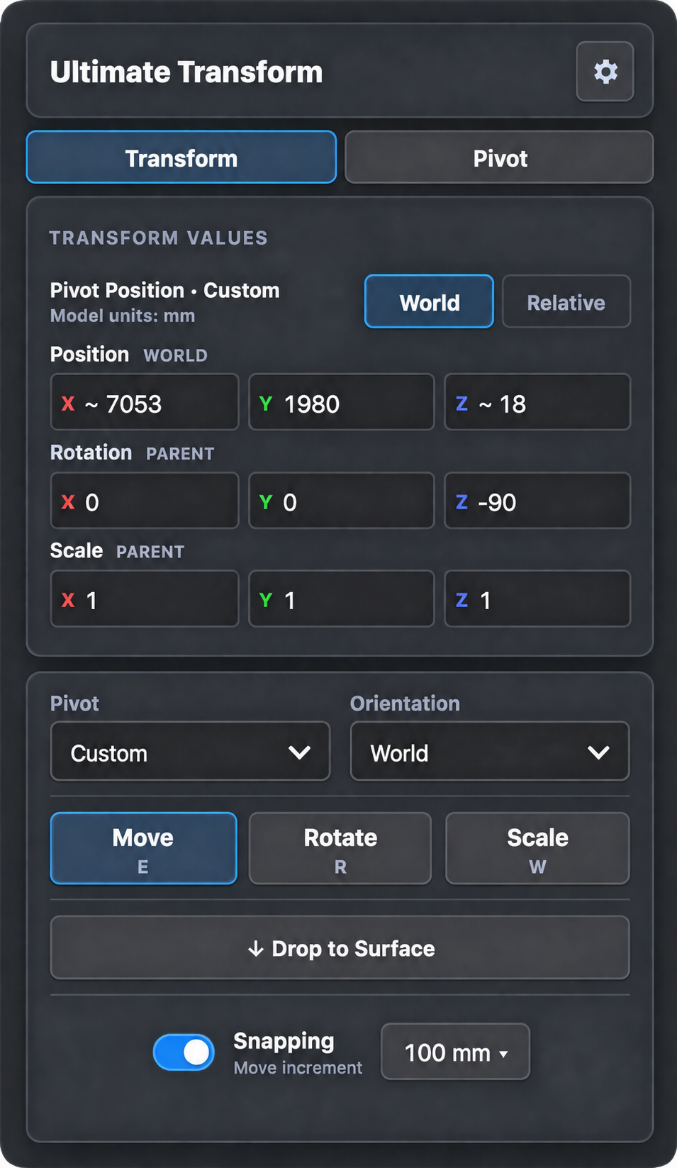 Ultimate Transform interface with world coordinates, rotation, scale, gizmo modes, and snapping controls