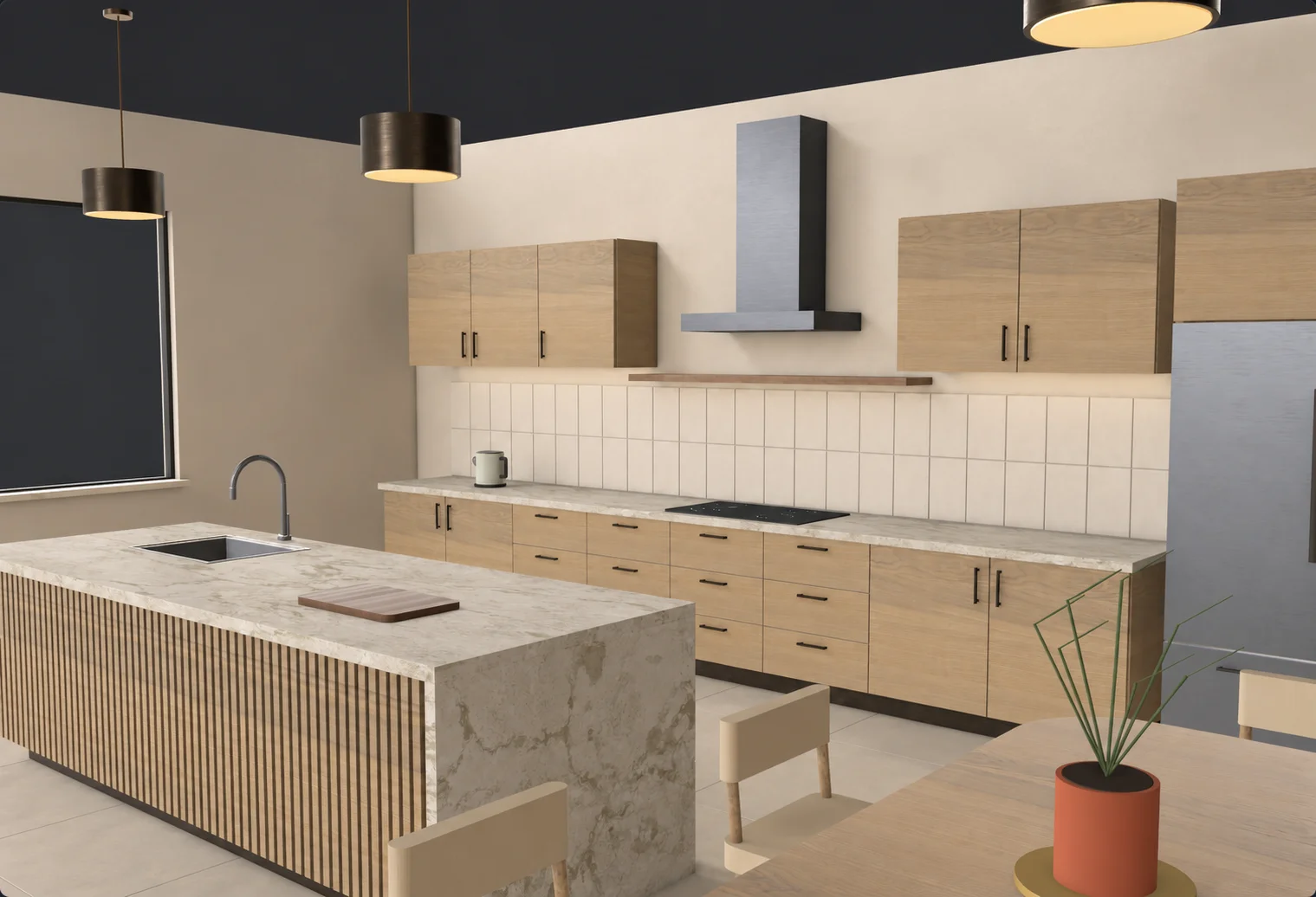 Explore material combinations in a kitchen with natural oak cabinets and a stone island.